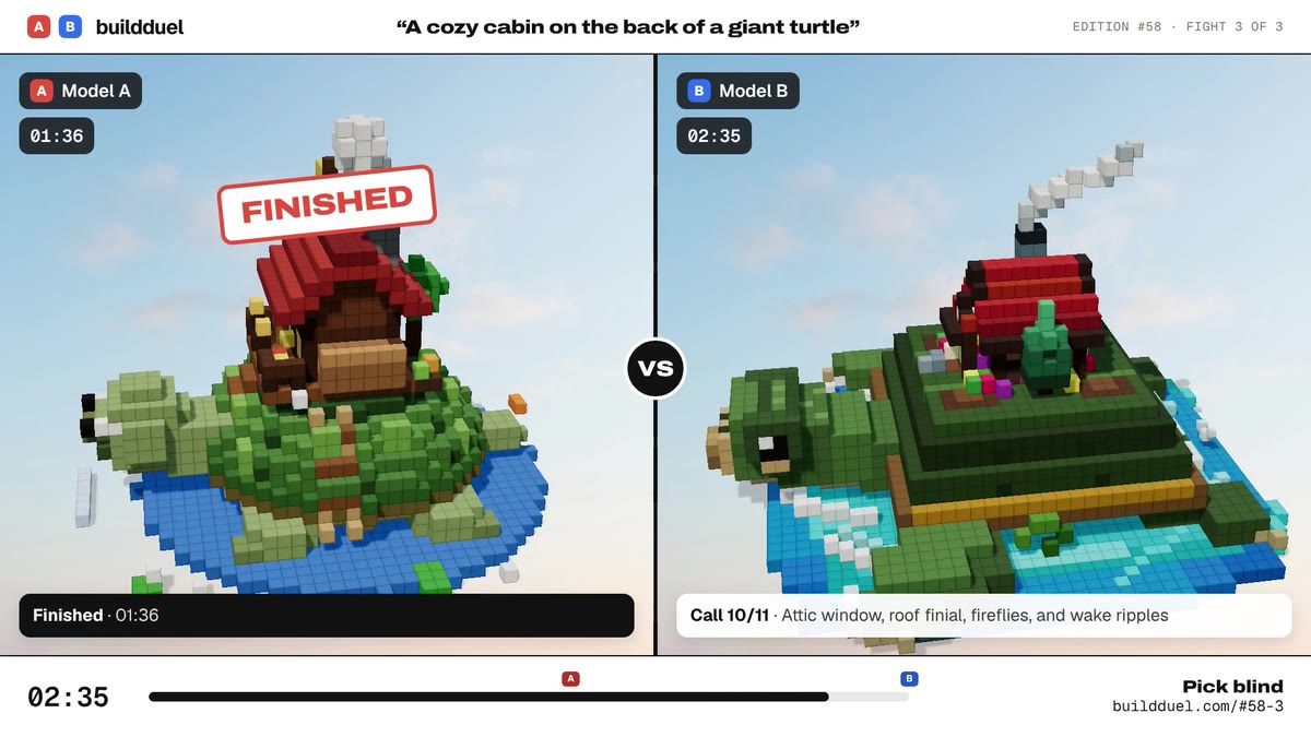 Both builds of “A cozy cabin on the back of a giant turtle”