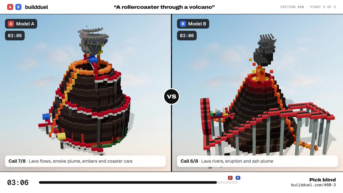 Both builds of “A rollercoaster through a volcano”