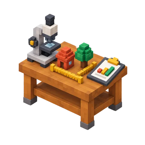 A voxel lab bench with a microscope measuring a small red house and a green tree
